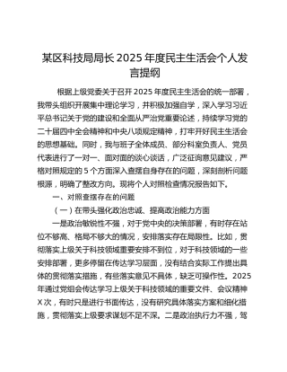 某区科技局局长2025年度民主生活会个人发言提纲