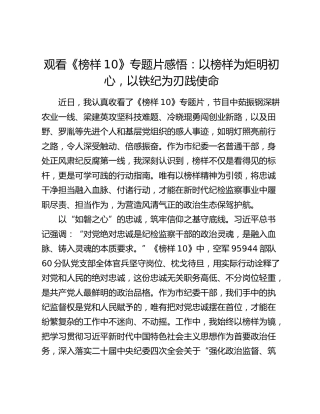 观看《榜样10》专题片感悟：以榜样为炬明初心，以铁纪为刃践使命