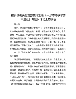 在乡镇机关党支部集体观看《一步不停歇半步不退让》专题片活动上的讲话