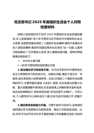 党支部书记2025年度组织生活会个人对照检查材料