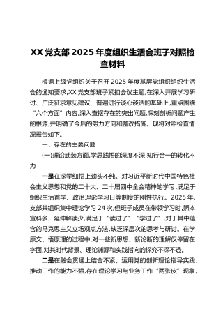 XX党支部2025年度组织生活会班子对照检查材料