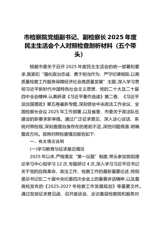 市检察院党组副书记、副检察长2025年度民主生活会个人对照检查剖析材料（五个带头）
