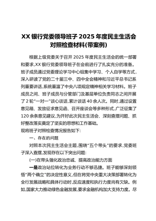 XX银行党委领导班子2025年度民主生活会对照检查材料（带案例）