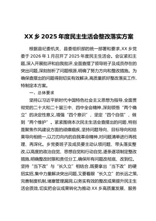 XX乡2025年度民主生活会整改落实方案