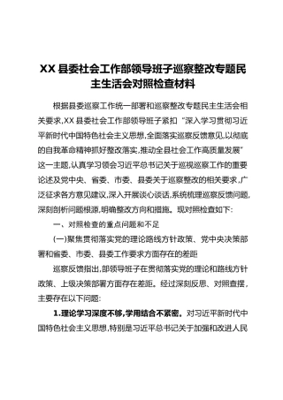 XX县委社会工作部领导班子巡察整改专题民主生活会对照检查材料