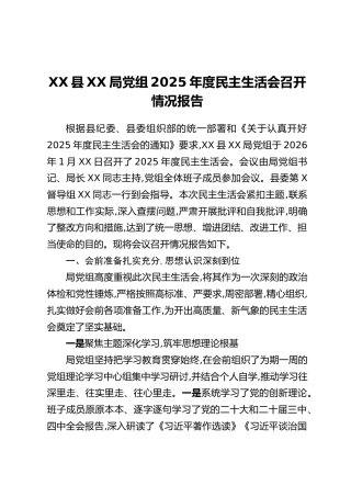 XX县XX局党组2025年度民主生活会召开情况报告