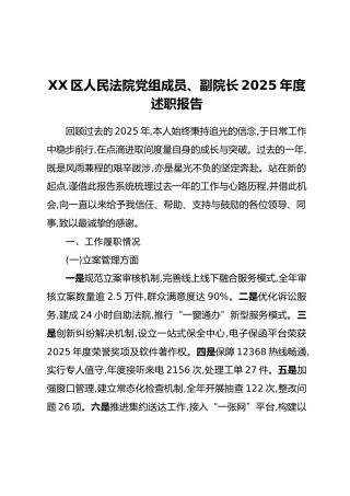 XX区人民法院党组成员、副院长2025年度述职报告