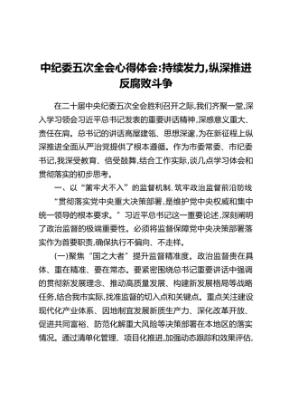 中纪委五次全会心得体会：持续发力，纵深推进反腐败斗争