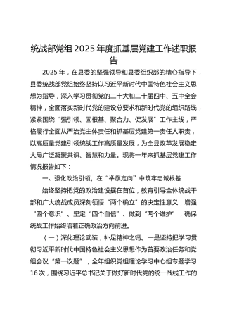 统战部党组2025年度抓基层党建工作述职报告
