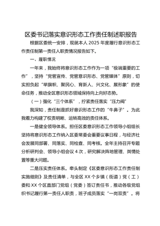 区委书记落实意识形态工作责任制述职报告-
