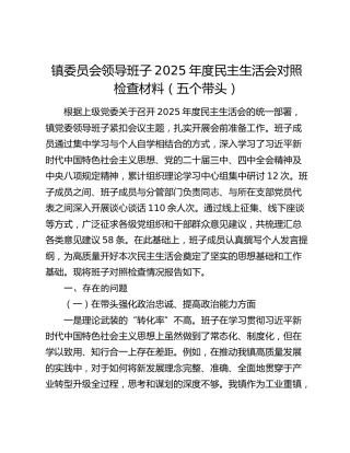镇委员会领导班子2025年度民主生活会对照检查材料（五个带头）