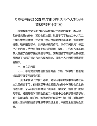 乡党委书记2025年度组织生活会个人对照检查材料(五个对照)