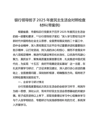 银行领导班子2025年度民主生活会对照检查材料(带案例)