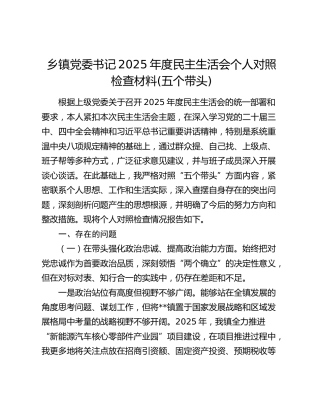 乡镇党委书记2025年度民主生活会个人对照检查材料(五个带头)