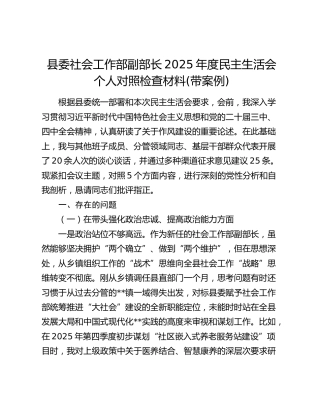 县委社会工作部副部长2025年度民主生活会个人对照检查材料(带案例)