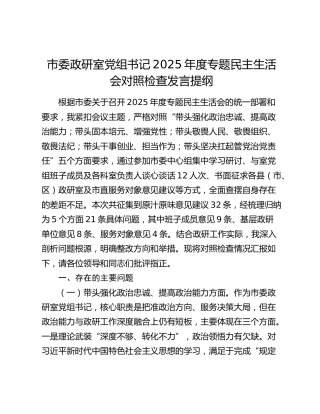 市委政研室党组书记2025年度专题民主生活会对照检查发言提纲（五个带头）