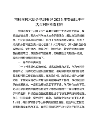 市科学技术协会党组书记2025年专题民主生活会对照检查材料（五个带头）