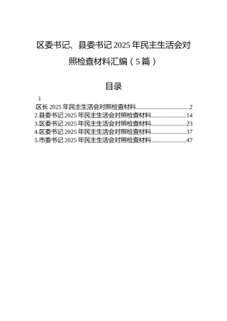区委书记、县委书记2025年民主生活会对照检查材料汇编（5篇）