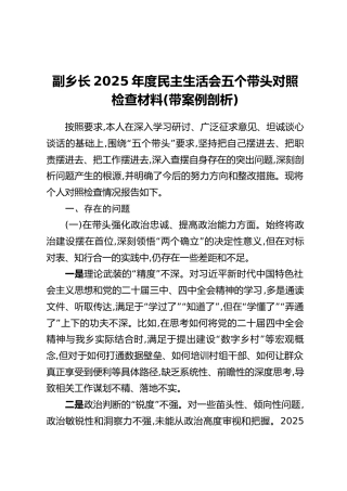 副乡长2025年度民主生活会五个带头对照检查材料（带案例剖析）