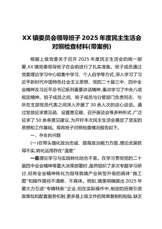 XX镇委员会领导班子2025年度民主生活会对照检查材料（带案例）