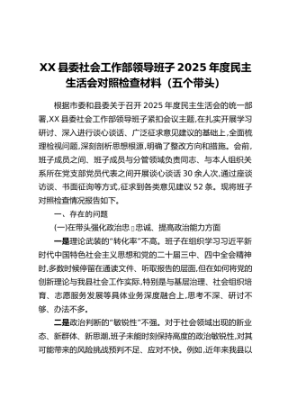 XX县委社会工作部领导班子2025年度民主生活会对照检查材料（五个带头）