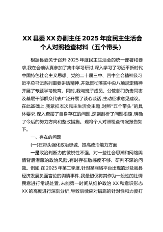 XX县委XX办副主任2025年度民主生活会个人对照检查材料（五个带头）