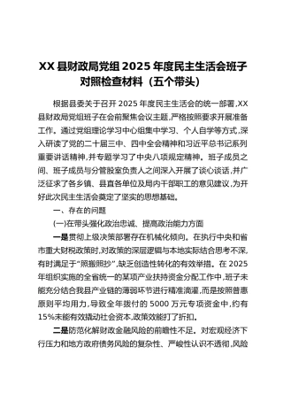XX县财政局党组2025年度民主生活会班子对照检查材料（五个带头）