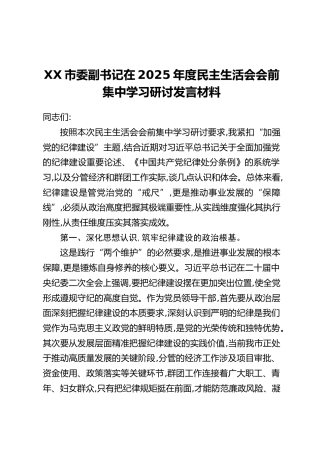 XX市委副书记在2025年度民主生活会会前集中学习研讨发言材料