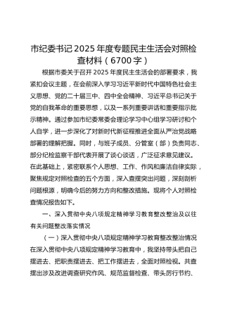 市纪委书记2025年度专题民主生活会对照检查材料（6700字）