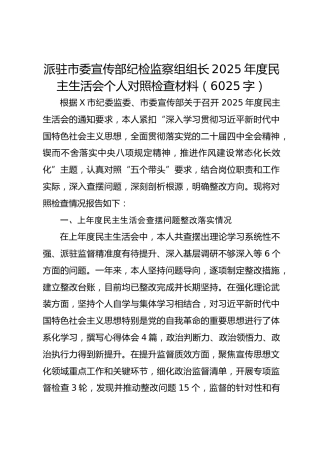 派驻市委宣传部纪检监察组组长2025年度民主生活会个人对照检查材料（6025字）