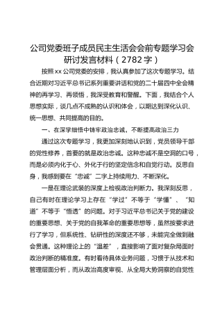 国企党委班子成员民主生活会会前专题学习会研讨发言材料（2782字）