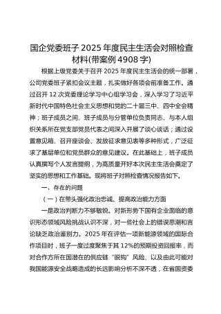 国企党委班子2025年度民主生活会对照检查材料(带案例 4908字)