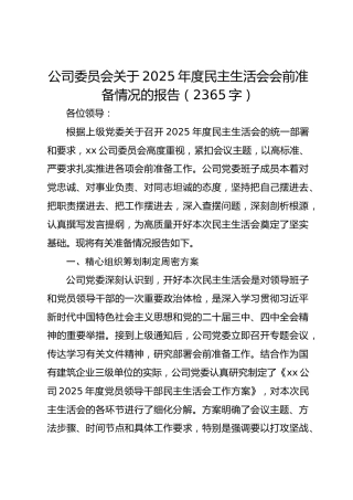 国企2025年度民主生活会会前准备情况的报告（2365字）