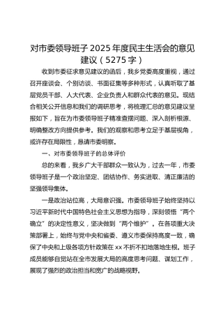 对市委领导班子2025年度民主生活会的意见建议（5275字）