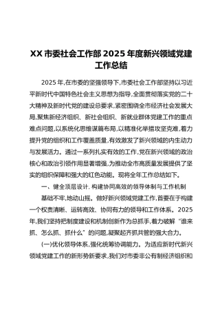 XX市委社会工作部2025年度新兴领域党建工作总结