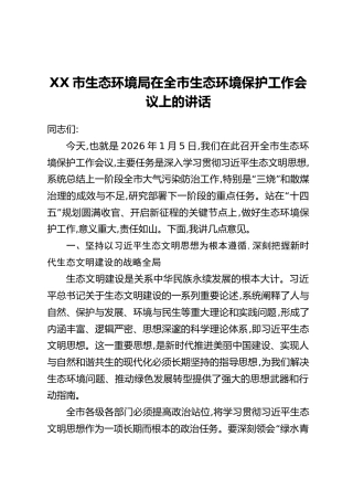 XX市生态环境局在全市生态环境保护工作会议上的讲话