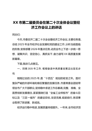 XX市第二届委员会在第二十次全体会议暨经济工作会议上的讲话