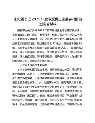 市纪委书记2025年度专题民主生活会对照检查发言材料