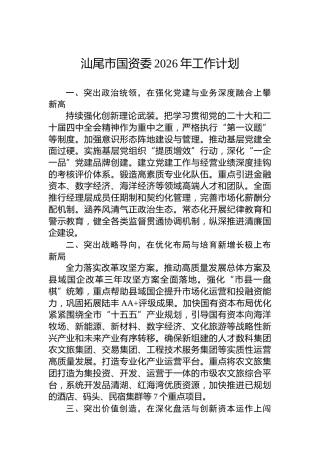 汕尾市国资委2026年工作计划