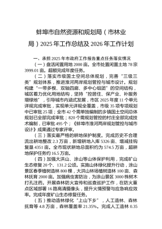 蚌埠市自然资源和规划局（市林业局）2025年工作总结及2026年工作计划