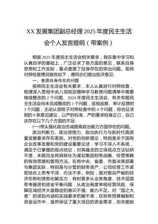 XX发展集团副总经理2025年度民主生活会个人发言提纲（带案例）