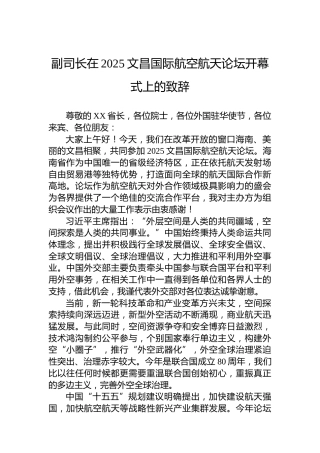 副司长在2025文昌国际航空航天论坛开幕式上的致辞