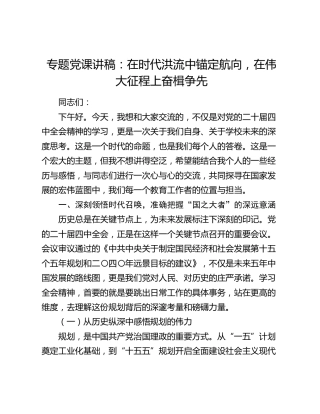 专题党课讲稿：在时代洪流中锚定航向  在伟大征程上奋楫争先