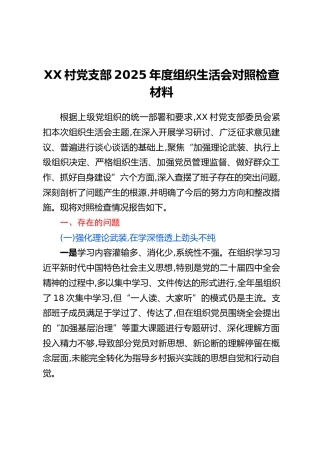 XX村党支部2025年度组织生活会对照检查材料