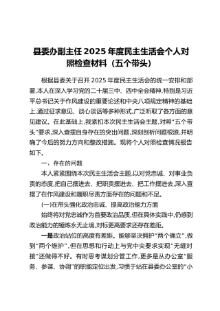 县委办副主任2025年度民主生活会个人对照检查材料（五个带头）