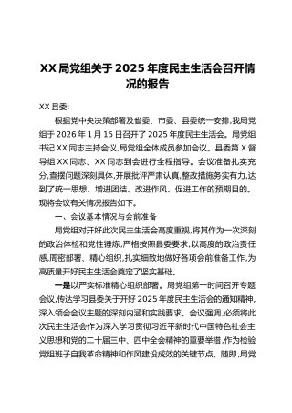 XX局党组关于2025年度民主生活会召开情况的报告