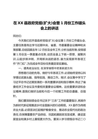 在XX县政府党组(扩大)会暨1月份工作碰头会上的讲话