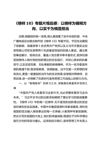 《榜样10》专题片观后感：以榜样为镜明方向，以实干为楫显担当