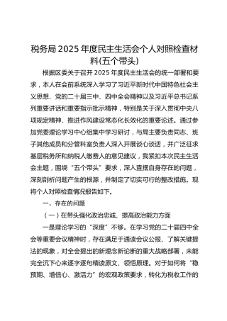 税务局2025年度民主生活会个人对照检查材料(五个带头)