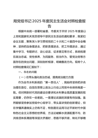 水利局局党组书记2025年度民主生活会对照检查报告